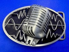 Retro Microphone Black Silver Music Rockabilly NOS New Old Stock Belt Buckle