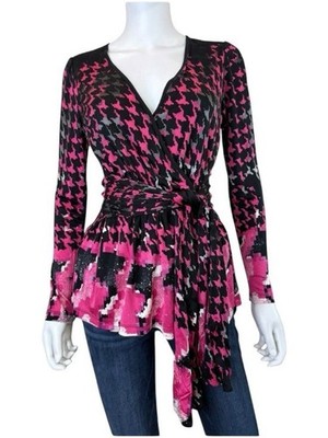 ETCETERA Pink Houndstooth 100% Silk Wrap Blouse Size M C0768