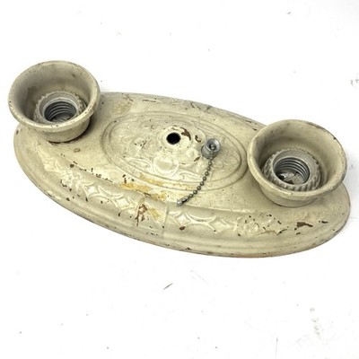 Vintage Embossed Metal Flush Mount Light Fixture Two Bulb Beige