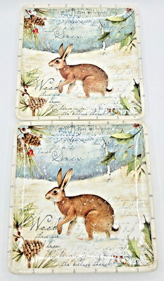 2 Certified International Susan Winget Winter Lodge RABBIT PLATES 8.5'' FREE SHIP