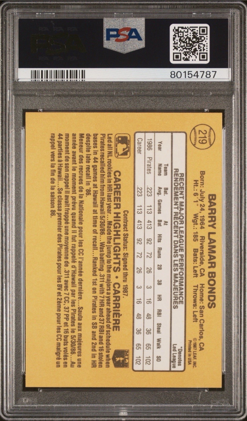 1987 Leaf Barry Bonds #219 PSA 9 Mint Rookie Card RC Pop 690 Great Centering view 2