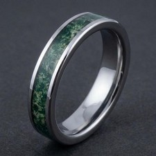 Moss Agate Ring, Silver Tungsten Ring, Mens Wedding Band, Womens Wedding Ring,