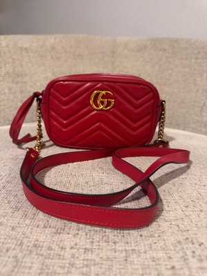 Authentic Gucci GG Marmont Matelasse Red Mini Shoulder Bag Calf  Crossbody