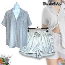 NWT State of Day Womens L Short-Sleeve Notch Collar Pajama Set 100180145 Grey