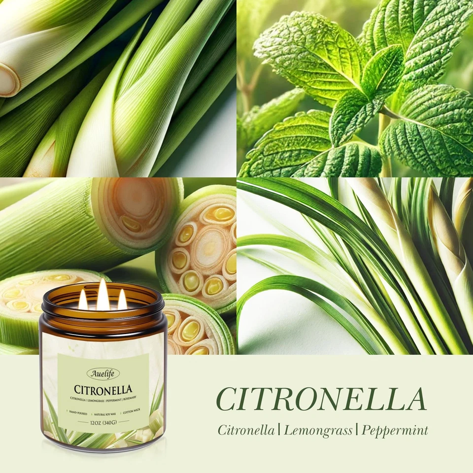 Auelife 12oz Citronella Candle 3 Wick Soy Wax Long Lasting Outdoor Indoor - Image 2 of 4