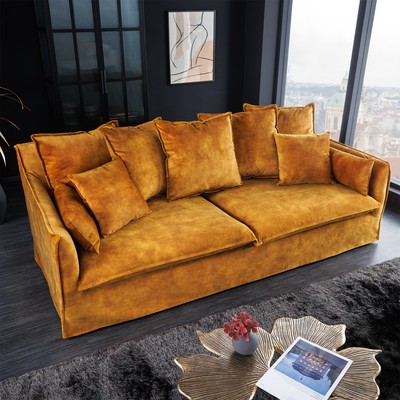 Gro�es 3er Sofa HEAVEN 200cm senfgelb Samt waschbarer Bezug Hussensofa Couch