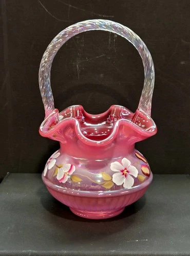 FENTON GLASS - RASPBERRY OPALESCENT - IRIDIZED - HP ADAM'S RIB BASKET