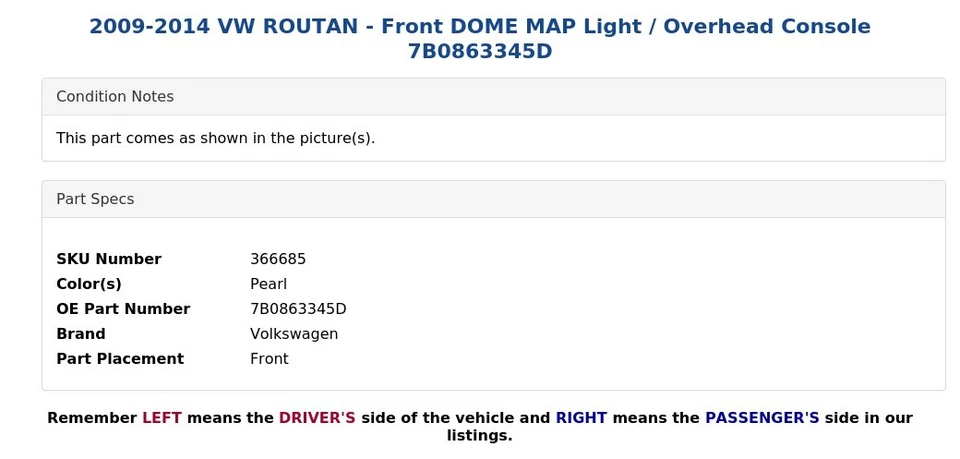 VW ROUTAN 2009-2014 - Luz frontal domo mapa/consola aérea 7B0863345D Foto 4 de 4