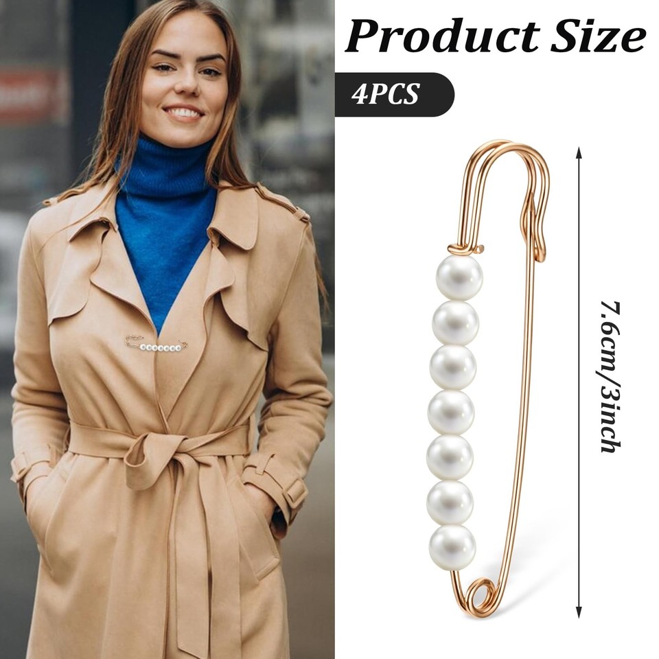 Ymapinc Gold Pearl Brooch Pins for Women, 4Pcs Large Safety Pins Decor ...