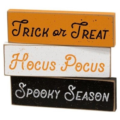 New PRIMITIVEHALLOWEEN Block Signs 3pcs Orange Black White Wood 5''Wx1.5''H MINI