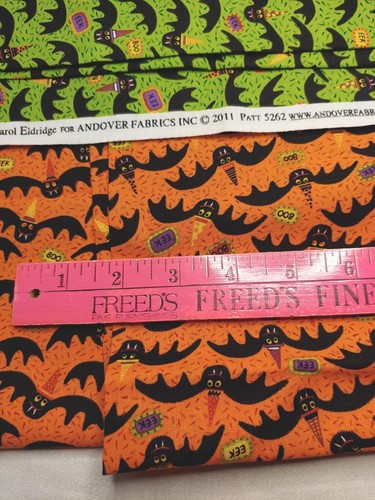 2 Piece Halloween Fabric Lot Andover Dem Bones 2011 Bats Orange Green Black(#150 - Picture 5 of 6