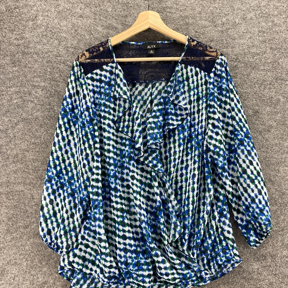 Blusa Alyx Feminina XL Azul Geométrica Decote V Manga Longa Pulôver Casual Conforto - Imagem 3 de 4