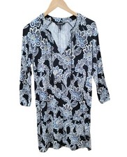BANANA REPUBLIC Black Floral Tassel Keyhole 3/4 Slv Rayon Jersey Knit Dress S