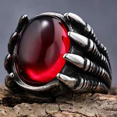 Domineering Chinese Dragon Claw Inlaid Gemstone Stainless Steel Rings Size 7-13