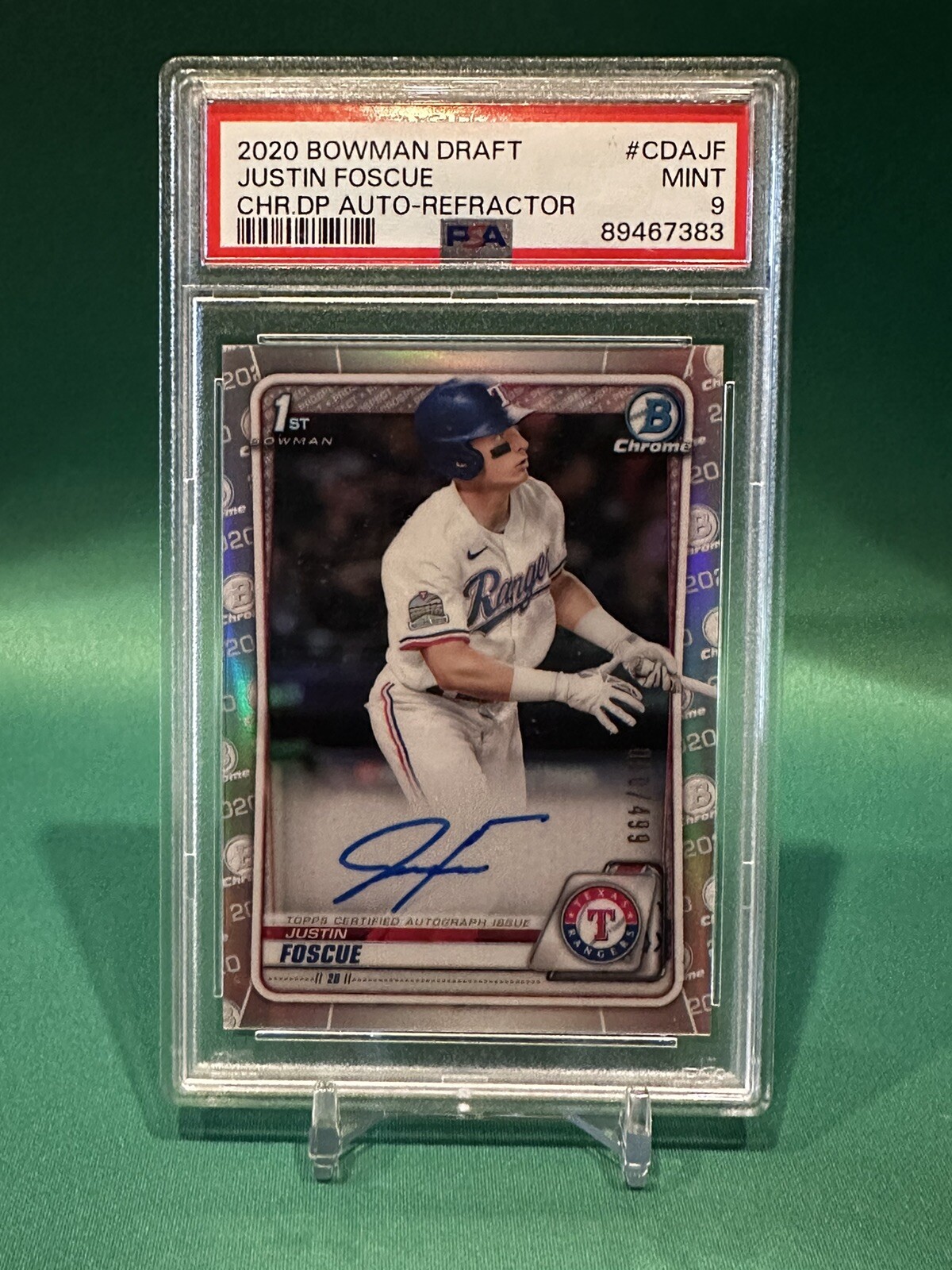 2020 Bowman Draft Chrome Justin Foscue Refractor /499 #CDA-JF PSA 9 Auto Rangers
