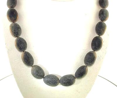 GRADUATED GENUINE BALTIC SEA MATTED BLACK COGNAC AMBER OVAL BEAD NECKLACE 18.75''