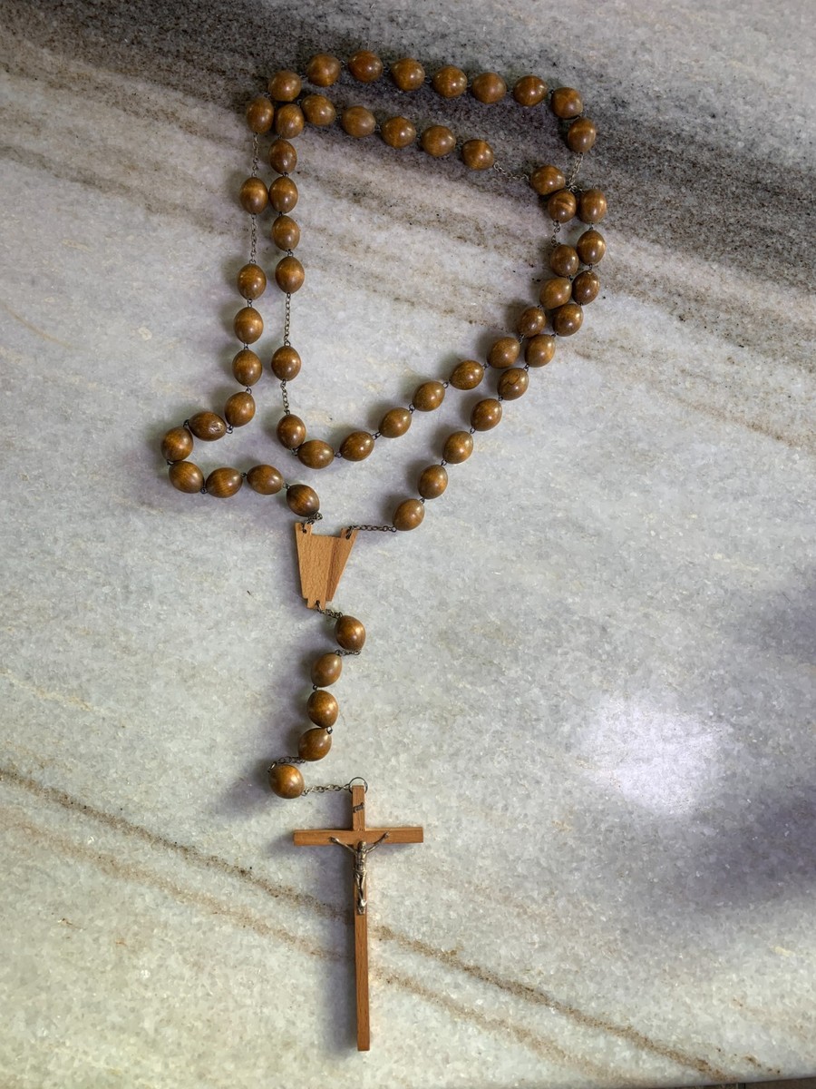 antique wood wooden priest monk beads rosary necklace long large