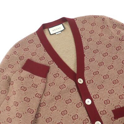 GUCCI Cardigan 20AW 572631 Bordeaux Wool Cotton GG Jacquard Size S