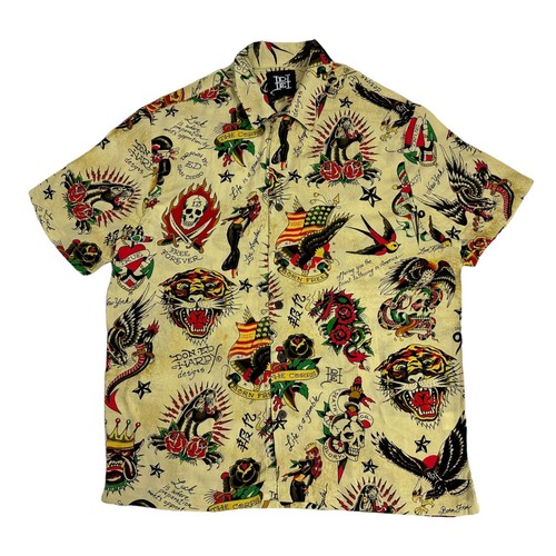 Camicia da uomo Ed Hardy taglia media stampa tatuaggio 100% viscosa manica corta bottoni - Foto 5 di 9