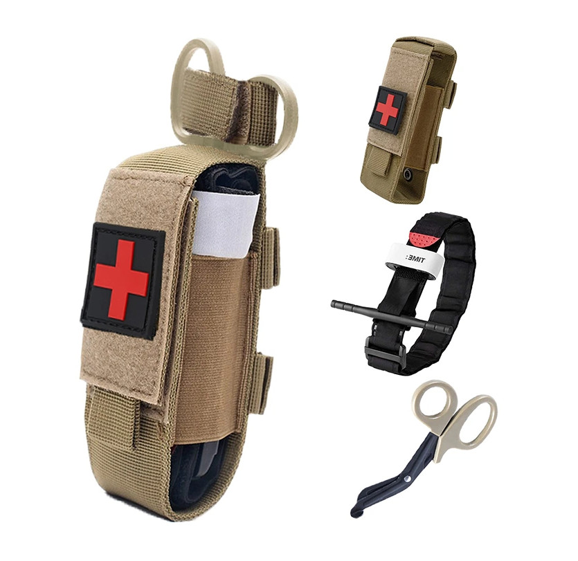 Garrot tactique beige avec ciseaux médicaux pour la randonnée et le bushcraft