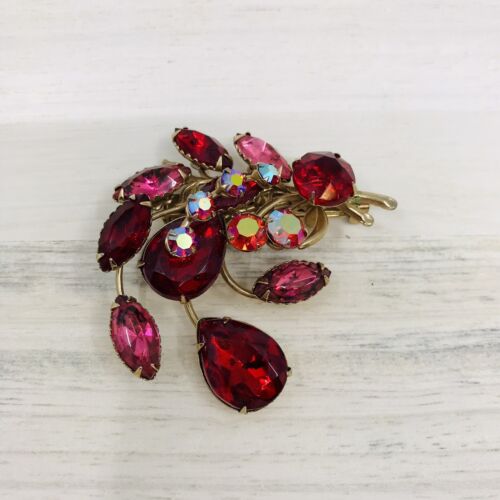2 - VINTAGE RED PINK AB RHINESTONE NAVETTE BEAD STATEMENT PIN BROOCHES Unmarked - Picture 9 of 21