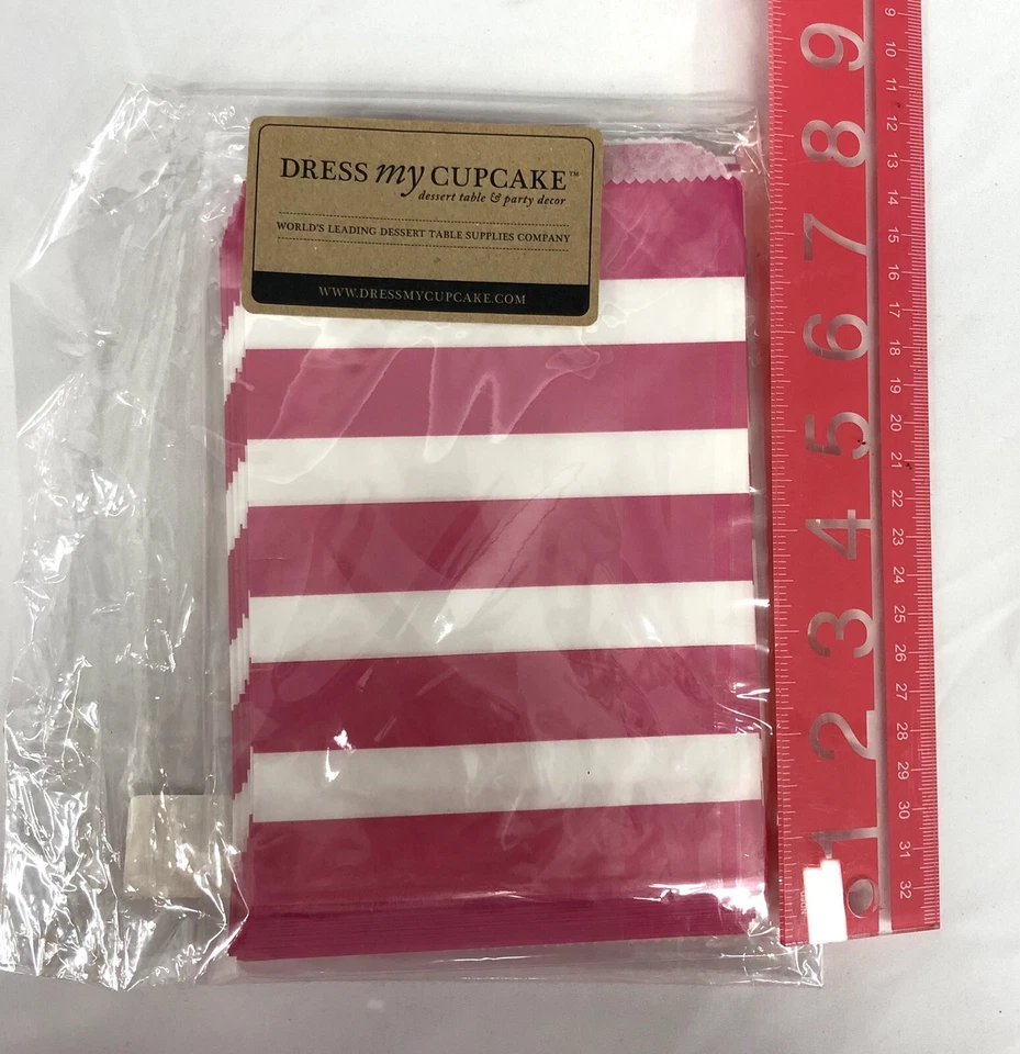 Dress My Cupcake 50 Party Favor Paper Goody Bags rosa chiclete listras largas novo - Imagem 4 de 4