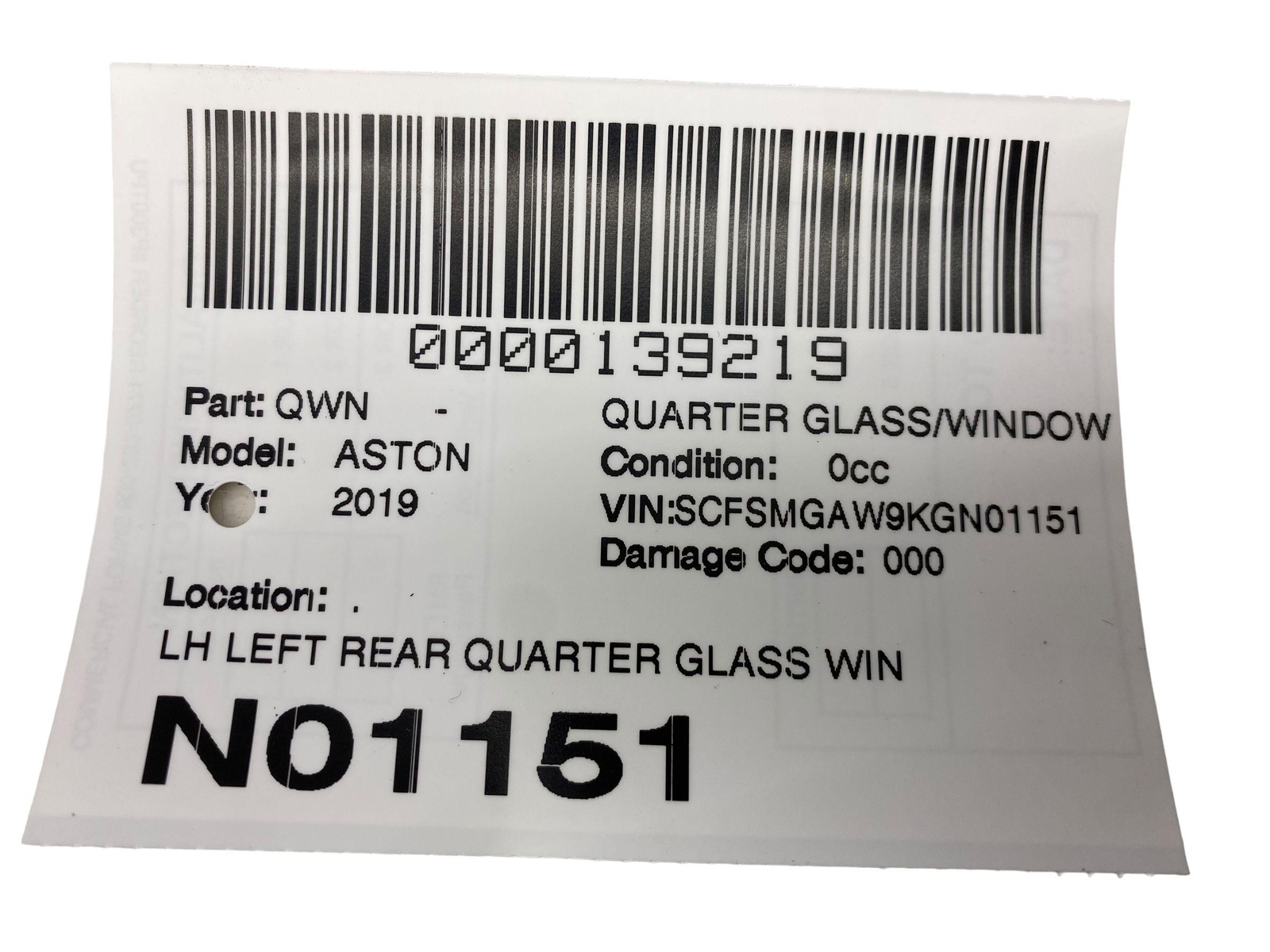 2018 - 2021 ASTON MARTIN VANTAGE OEM LEFT REAR QUARTER GLASS WINDOW PANEL