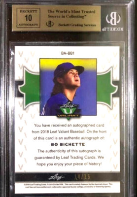 BO BICHETTE /15 Auto Autograph 2018 Leaf Valiant BGS 9.5 BO BICHETTE /15 Auto Autograph 2018 Leaf Valiant BGS 9.5