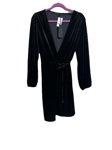 Gibsonlook Women’s XS BLACK Velvet Bell Longsleeve Wrap Style Mini Dress NWT - Picture 2 of 13