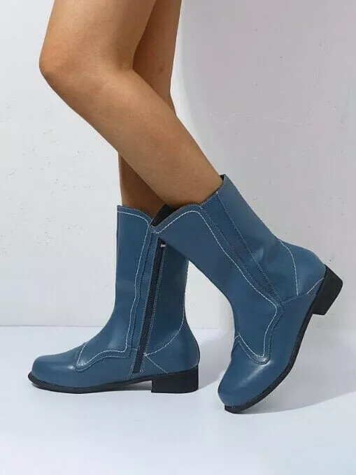 Botas Militares Tacón Bajo Lluvia Azul Puntadas Piel Sintético 9096