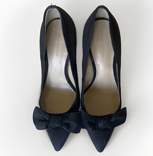 Ann Taylor Heels Size 5.5 Bows Black Suede Leather Yolanda Stiletto Preppy