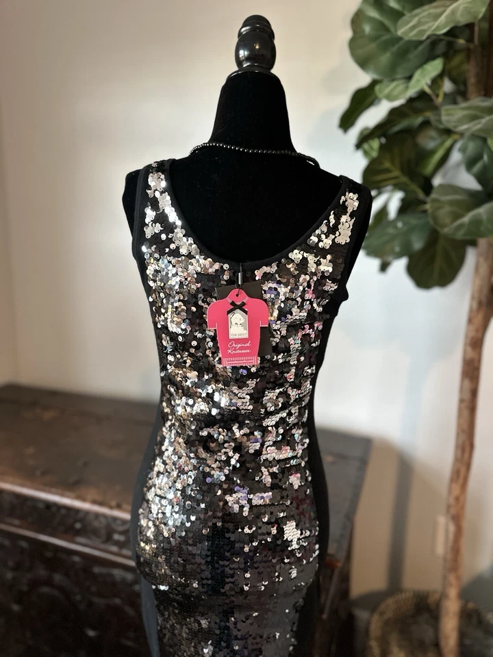 NUEVO CON ETIQUETAS $285 YOANA BARASCHI Mini Vestido Ziggy Stardust Lentejuelas PEQUEÑO Negro Plata Foto 4 de 4