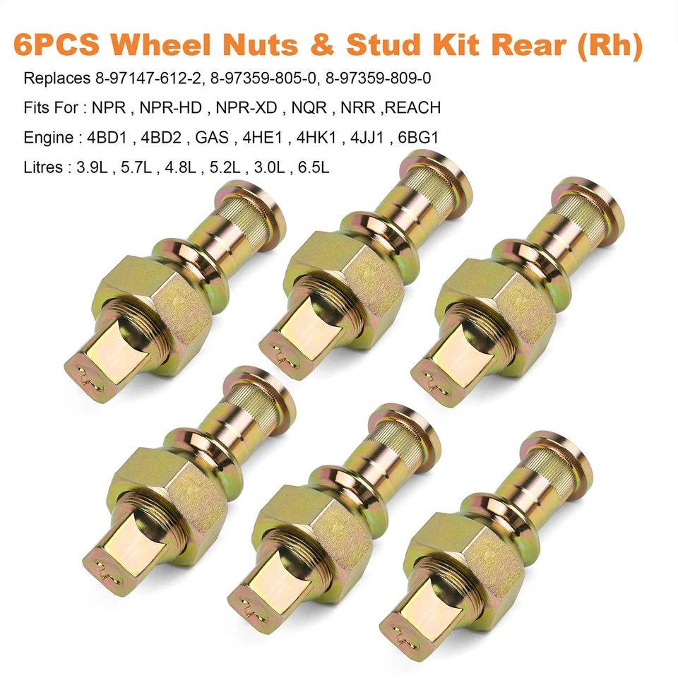 QTY 6-колесные гайки и шпильки комплект задний (Rh) для ISUZU NPR NPR-HD NQR NRR 8-97147-612-2 - Изображение 4 из 4