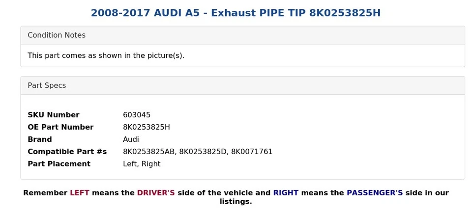 AUDI A5 2008-2017 - Punta de tubo de escape 8K0253825H Foto 3 de 4