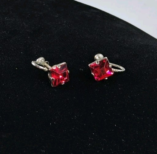 Ruby Red Rhinestone Sterling Silver Screw Back Ea… - image 6