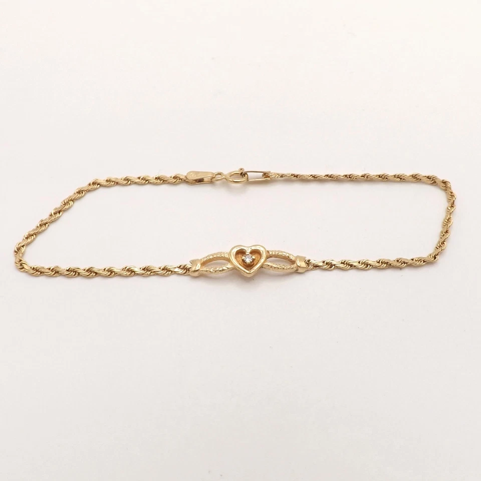 Твердый 14k золото Infinity сердце бар браслет натуральный бриллиант веревки ссылка 7 дюймов - Изображение 2 из 4