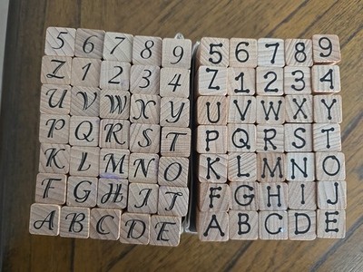 Rubber Stamps Wood Mounted Letters & Numbers 2 Complete Sets Dot & Script 