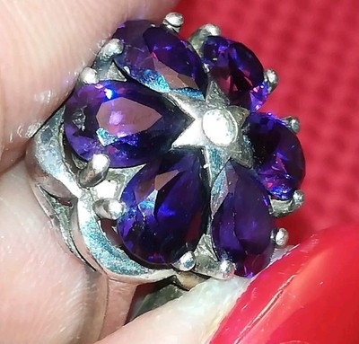 Wunderschöner 925 Silber Ring signiert NP mit 6 Amethyst und Stein Brillantschliff
