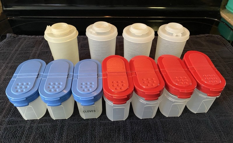 Tupperware Spice Shakers Red Blue Lids Salt Pepper Shakers