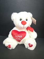 Valentine "Love You" White Teddy Bear White Plush Red Hearts 11" by Hug me 