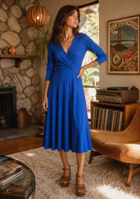 Vintage 1970 s Foxy Lady San Francisco Blue 3/4 Sleeve Wrap Front Dress Size 5/6