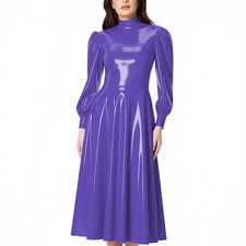 PVC Glossy Latex-look Midi Dress for Women High Neck Long Sleeve Party Dress