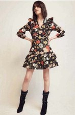 WARM Brianna Dress Women’s Sz 2 Black Floral Print Long Sleeve Cotton Fit Flare