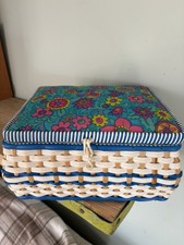 Vintage 60d Storage Box Blue White Wicker Sewing Basket Cottagecore Flower Power