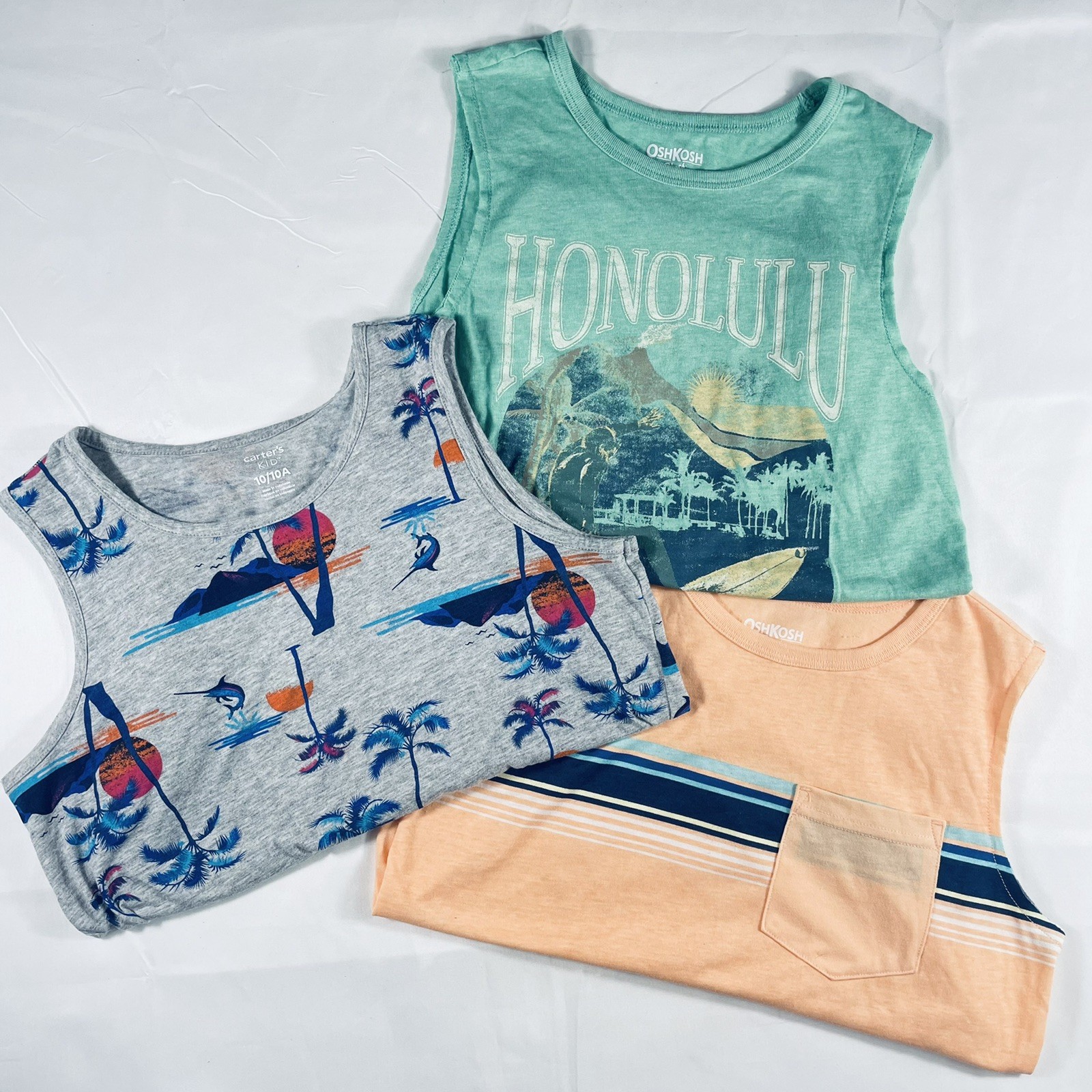 LOT OF 3 *OSHKOSH / CARTERS Boys' Size 10 / 10A TANK TOPS Summer Beach Tropical