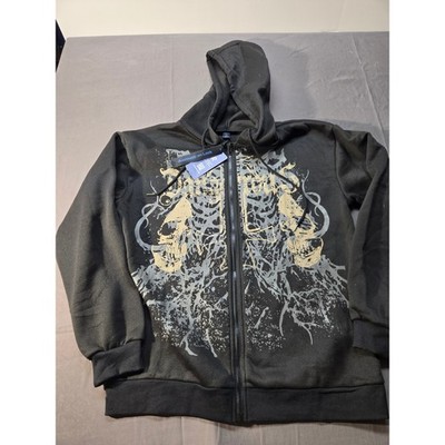Romwe Mens XL Black Graphic Zip Up Hoodie Gothic Streetwear Sweatshirt NEW