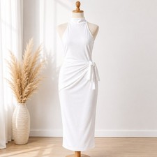 NEW ASOS White Midi Dress Size 8 High Neck Side Tie Wedding Bridal NWT