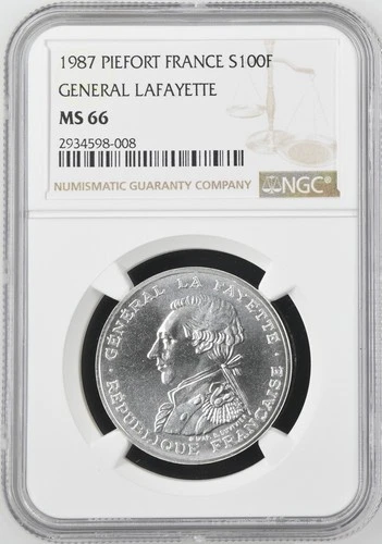 FRANCE LAFAYETTE  1987 100 FRANCS SILVER COIN, PIEFORT, CERTIFIED NGC MS66