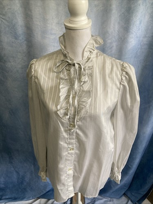#ad VTG 80s Sears High Neck Ruffle Tuxedo Blouse White Victorian Coquette Size 16 $27.99