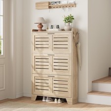Farmhouse Shoe Cabinet, Shoe Storage Cabinet with 3 Flip Drawers & 2 Side Hooks